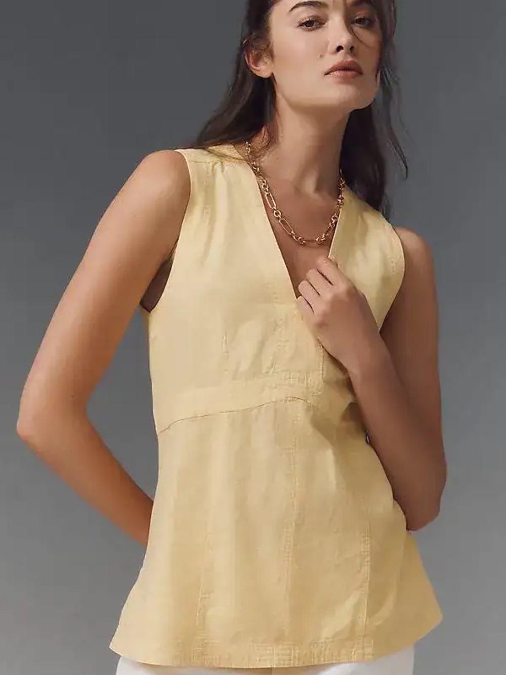 Pilcro Pale Yellow Sleeveless V-Neck Linen-Blend Top